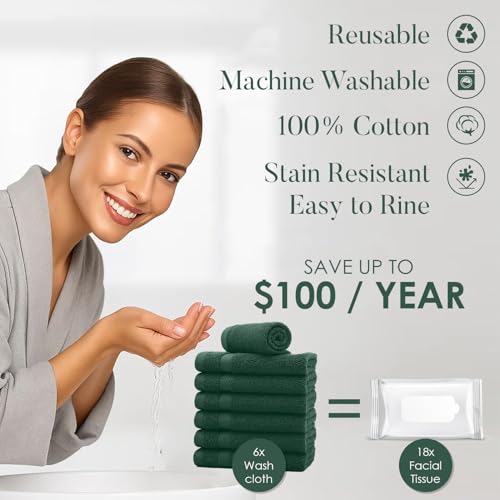 Image of DAN RIVER 12-Pack Premium 100% Cotton Huntergreen Face Towels for Bathroom - Reusable Face Wash Cloths for Showering 12x12 Inches - 550 GSM Super Soft & Absorbent Luxury WashCloths for Body, Spa & Gym