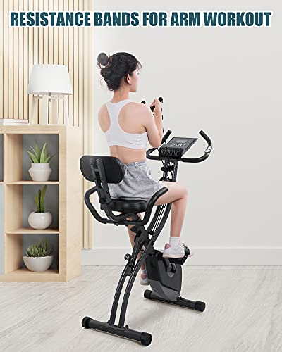 Exercise Bike Folding Stationary Bike Magnetic Recumbent 3-In-1 Cycling Slim Bike With Arm Resistance Bands & Lcd Monitor For Men And Women Indoor Outdoor, Black, 32 X 19 X 39 Inches #TOP1