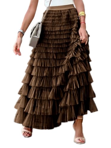 seiveini Falda Larga de Tul de Múltiples Capas Mujer Elegante Maxi Falda de Tul Ballet con Cintura Elástica Vintage Falda de Princesa A línea para Carnaval Fiesta Bodas Falda de Verano A Marrón M