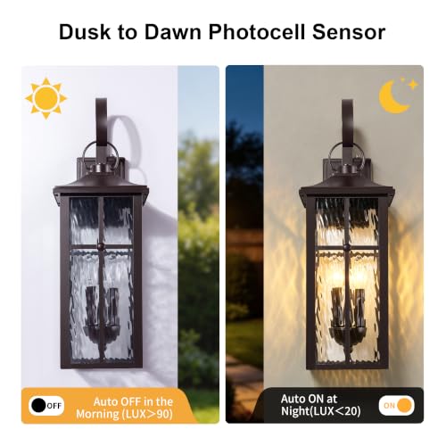 Image of 2 Pack Dusk to Dawn Outdoor Wall Lights, 23.9 inch Brown | Waterproof Exterior Lantern with Water Ripple Glass, Modern Wall Light Fixture Mounted, Large Outside Light for Garage Patio