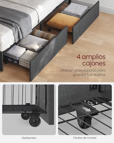 Miniatura 5 de Vasagle Marco De Cama Matrimonio, Base Con Listones, 140 X 200 Cm, Led, Metal, 4 Cajones, Estación De Carga, Cabecero Acolchado Ajustable, Gris Pizarra Rmb827g02