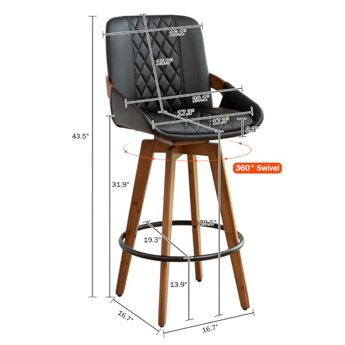 Image of Bar Stools Set of 6, 29.5 Inch Mid Century Modern Retro Swivel Bar Stools, Faux Leather Upholstered and Walnut Wood Frame for Bar /Pub /Island (Black, 29.5 inch-6 PCS)