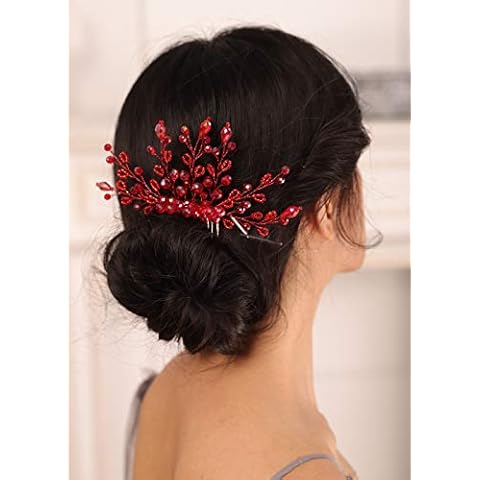 Kercisbeauty Red Crystal Beads Hair Comb for Wedding Brides Bridesmaid Special Occasion Women and Girls Hair Accessories Collection Cover