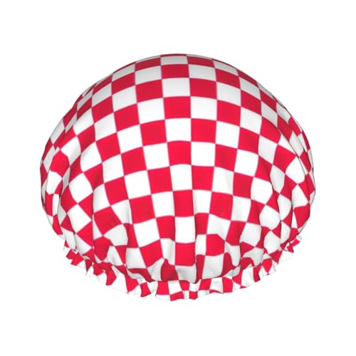 Gorro de ducha con estampado de cuadrados blancos a cuadros rojos, gorro de pelo reutilizable con forro y banda elástica con dobladillo elástico
