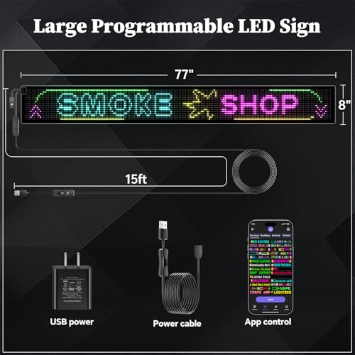 Large Programmable Indoor Windows LED Signs, P10 Resolution LED Sign,Bluetooth APP, for Cars Business Bars Gaming Rooms Restaurants Festivals (77"x 8") — view 5