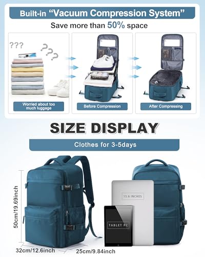Image of winspansy Vacuum Backpack Travel Essentials with Air Pump Compression Bags for Travel Carry on Flight Approved Seal Vacpack Personal Item Backpack with Vacuum System for Women Men Peacock Blue