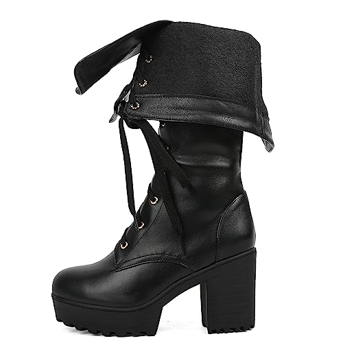 Image of Parisuit Women's Knee High Goth Platform Boots Lace Up Combat Boots
