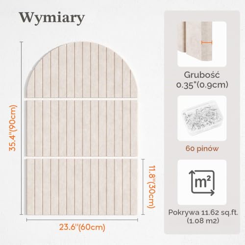 Lifewit Zestaw 6 wypukłych tablic do przypinania, alternatywa dla tablic korkowych na ściany, 2 zestawy po 90 x 60 cm, płyty filcowe z 60 pinami, całkowicie samoprzylepne płytki ścienne do dekoracji