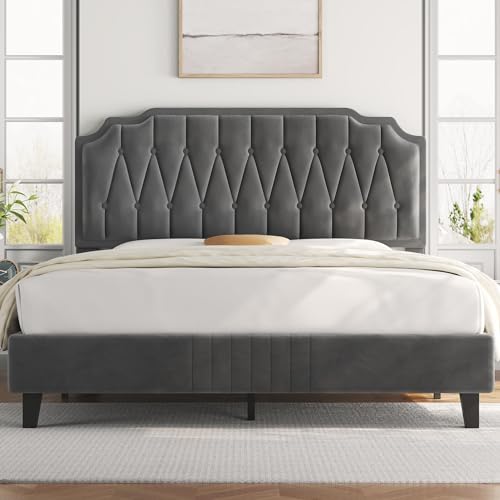 Yaheetech Queen Size Bed Frame, Velvet Upholstered Platform Bed with Curved Headboard, Mattress Foundation/Strong Wooden Slats Support/No Box Spring Needed/Easy Assembly/Dark Grey - Thumbnail 3
