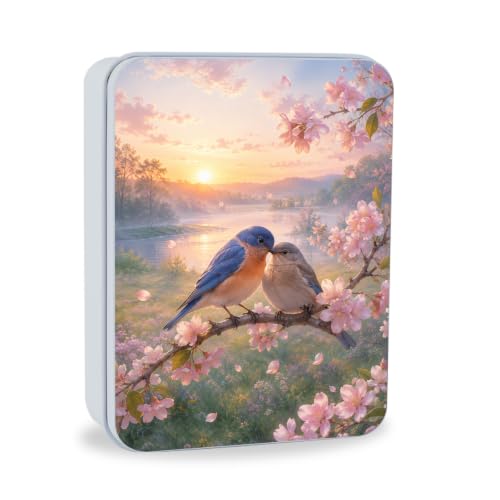 Image of Decorative Metal Tin Box with Lid,Blue Birds Cherry Organizer