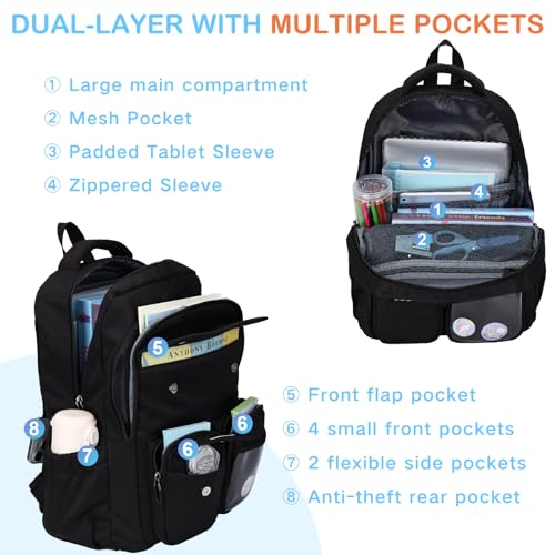 VASCHY Backpack for Girls, Cute School Bag Bookbag for Elementary Middle Schooler Teen Girls/Kids Travel with Clear Pin Pouch Black3