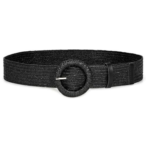 JasGood Stroh Geflochten Elastischer Gürtel für Damen Breiter Taillengürtel Rattan Gewebter Boho Gürtel für Kleider,Schwarz,110cm