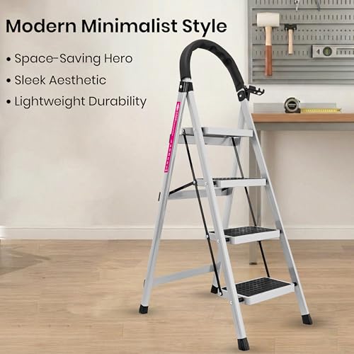Image of Casa Copenhagen White 4 Step Ladder for Home Use with Built-in Tool Tray | Heavy Duty D Shape Rods | Ultra Large Platform | Wide Rubber Feet | 150Kg Capacity Foldable Ladder - 7 Years Warranty