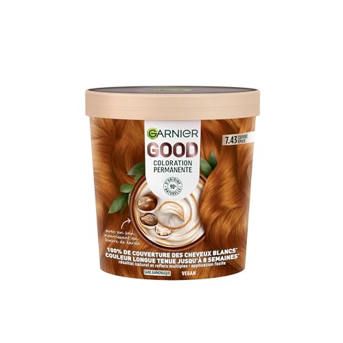 Garnier - Tinte permanente para el cabello – Sin amoniaco – 90% ingredientes naturales – Manteca de karité – 100% cobertura para cabello blanco – GOOD Cobre condimentado 7,43