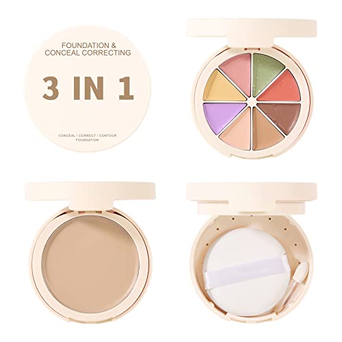 Rosarden 8 Color Corrector Palette, 3 In 1 Dual Layers Cream Foundation Palette, Full Coverage Concealer, Cream Contour Palette, Concealer for Dark Circles, Travel Makeup Palette with Makeup Puff , Mirror and Small Brush, Flawless & Waterproof Color Correcting Foundation for Dry Skin, Natural Foundation (8 Colors Foundation Palette)