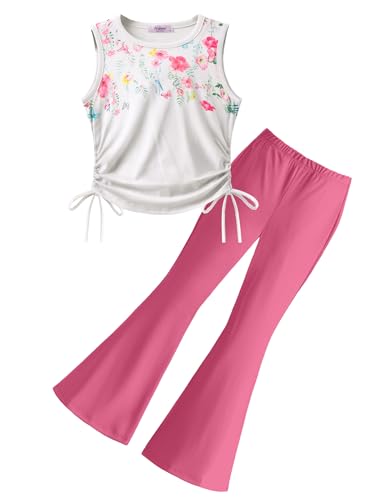 Image of Arshiner Toddler Girl Clothes 2 Piece Outfits Side Adjustable Drawstrings Tank Tops and Flare Leggings Pant Set