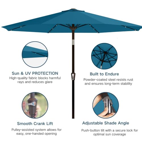 Image of 9' Solar LED Patio Umbrella with Tilt & Crank|8 Sturdy Ribs,UV Protection,Outdoor Market Table Umbrella for Deck,Lawn,Pool,Backyard(Lake Blue)