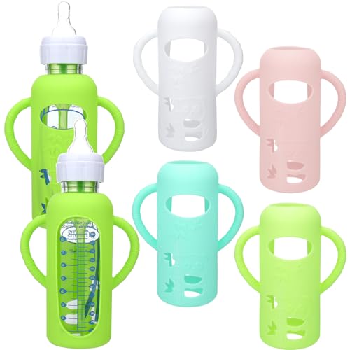 Image of Mity rain 4 Pack Silicone Sleeves for Dr. Brown's Glass Bottles 8OZ - Anti Breakage Baby Bottle Holder, Compatible with Dr. Brown's Glass Bottles for Babies (8OZ with Handle)