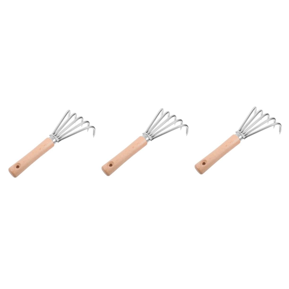 3 Stück Kleiner Handrechen mit Ergonomischem Holzgriff Gartenrechen zum Lockern von Erde Unkrautentfernung und Pflanzen Kompakt für Garten und Strandgebrauch