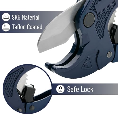 Image of Bates- PVC Pipe Cutter, Cuts up to 1-5 /8 inch, Ratchet Pipe Cutter, PEX Cutting Tool for Cutting PEX, PVC, PPR Plastic Hoses and Plumbing Pipes, Navy Blue