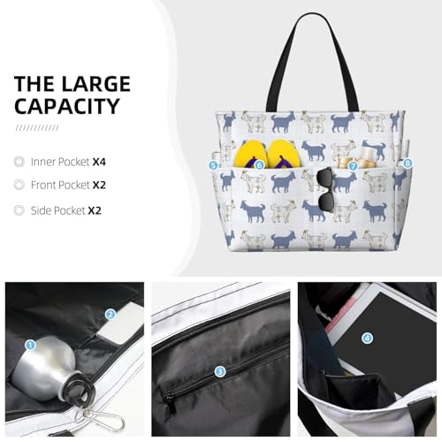Plaid Cartoon Cute Goat Large Beach Bag Waterproof Sandproof Swim Tote Pool Bag For Women With Zipper2