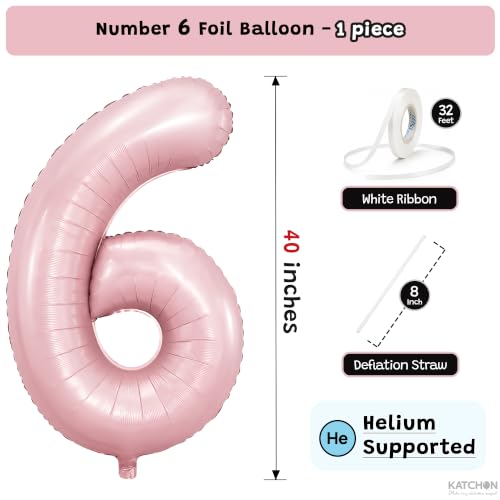 Image of KatchOn Pastel Pink Number 6 Balloon For 6th Birthday Decorations - 40 Inch