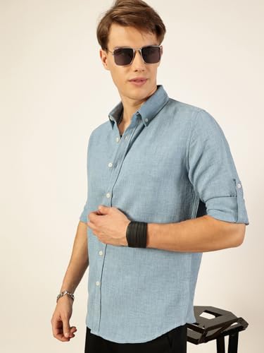Image of Thomas Scott Men's | Solid | Textured Fabric | Full Sleeve | Slim Fit | Polyester-Blend | Spread Collar | Casual Shirt