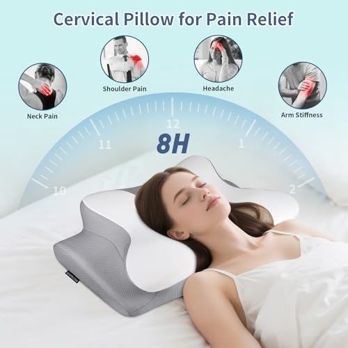 Image of Cervicac了Neck Pillow for Pain Relief - Ergonomic Side Sleeper Pillow for Neck Support, Contour Orthopedic Cervical Pillow for Sleeping, Cooling Memory Foam Pillows for Back Sleepers (Light Grey&White)