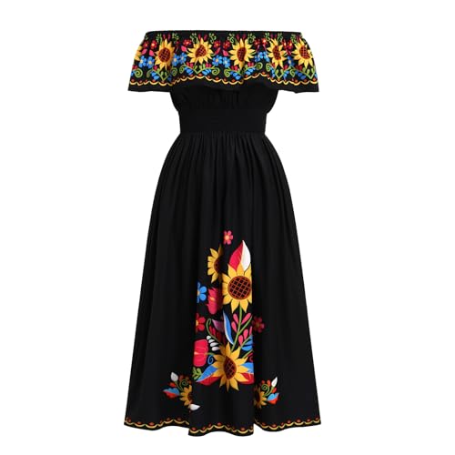 EFOGEP Damen Mexikanisches Kleid Sommer Boho Blumen Drapiertes Kleid Schulterfrei Traditionelle Fiesta Kleider Bohemian Lange Maxikleider Casual...