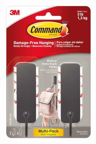 Command Medium Matte Black Wall Hooks, 2 Coat Hooks and 4 Command...
