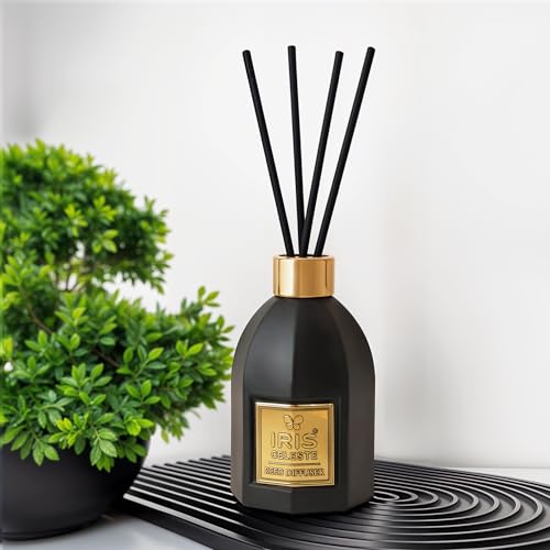 Image of IRIS Celeste Black Oudh Reed Diffuser Set 150ml |4 Black Fiber Reed Sticks 9 inch|Stress Relief & Aromatherapy |Long-Lasting,Smoke-Free Air Freshener for Home,Bedroom and Office | Ideal for Gifting.