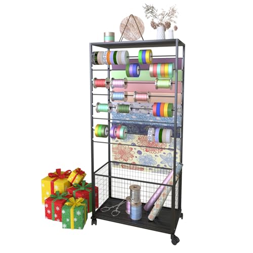 FWTXZTER 16 Tier Ribbon Organizer Rack, Double-Sided Ribbon Storage Holder for Craft Room, Floral Wrapping Paper Stand with Wheels, Rolling Ribbon Spool Racks Metal Display Shelf Sewing Station Cart
