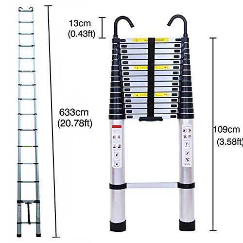 Aluminum Telescoping Ladder 20.3Ft 6.2M Extension Tall Loft Ladder With Hooks Slow Down Design Extendable Ladders Portable For Household Daily Outdoor Activities, 330 Pound Capacity #TOP2