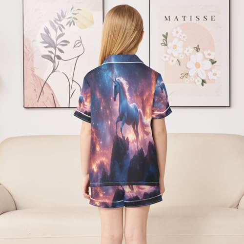 ALAZA Magical Unicorn Cloud Galaxy Space Satin Pajamas Set Short Sleeve Button Down Sleepwear Summer Pjs 2 Piece4