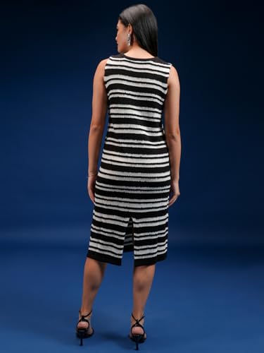 Image of Tokyo Talkies Women Tofu & Jet Black Sleveless Striped Sheath Sweater Dress