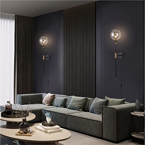 Image of KCO 1-Light Plug in Wall Sconces On /Off Switch Cord Black Modern Wall Mounted Light Fixture with Long Arm Glass Globe Shade Wall Lamp for Bedroom Living Room Kitchen Hallway (Smoke Gray & 2-Pack)