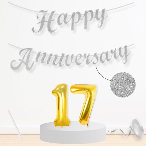 Image of Flyloons 17th Happy Anniversary Banner Silver Decorations Kit for Men Women Wedding Anniversary Banner Items without Balloons