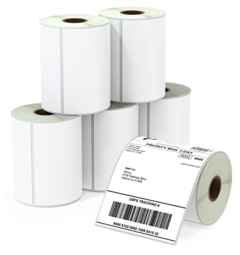 BETCKEY - 102mm x 152mm(4 in x 6 in) Blank Shipping Thermal Labels, 250 Perforated Stickers per Roll Compatible with Zebra & More Printers [6 Roll/1500 Labels]