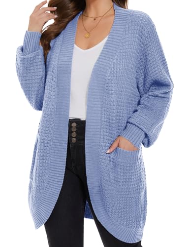 Image of MONNURO Womens Plus Size Open Front Cardigan Waffle Knit Long Sleeve Sweaters Tops Fall Coat Outerwear with Pockets