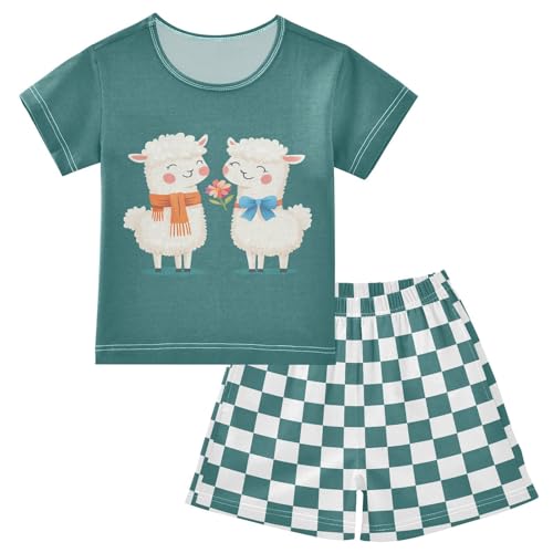 Checkerboard Plaid Llama Flower Teal Pajama Set Short Sleeve Pajamas Shorts Sets Cotton PJS 2 Piece Clothes Set 5Y