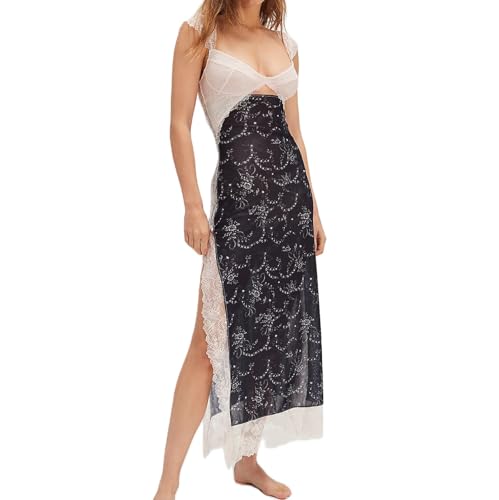 Image of Women Sexy Lace Patchwork Mesh Dress Floral Print Cutout Sweetheart Neck Backless Slit Summer Maxi Dress
