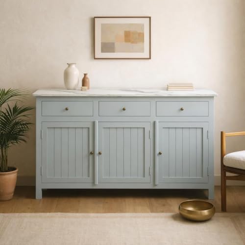 Image of Solid Wood Madrid 3 Drawer Sideboard | Sideboard Cabinet with Sintered Stone top | Finish- Premium Acrylic Silver Grey
