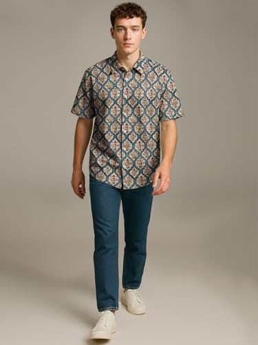 Image of BULLMER Trendy Regular Fit Cotton Blend Printed Casual Half Sleeve Shirt for Men | Stylish Mens Casual Shirts | Shirts for Men