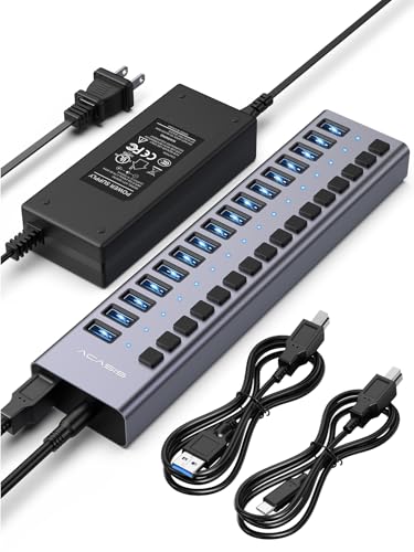 Powered USB 3.2 Hub ACASIS 16 Ports USB 3.2 Hub with 10Gbps Data SpeedAluminum Housing USB Hub Powered with 96W Power Adapter USB Hub for PC/Laptop Computer Flash Drive Printer Camera