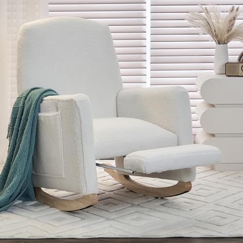 Image of Modern Rocking Chair Nursery, Comfy Glider Nursery Chair with Foot Rest, Upholstered Rocker with Pocket, Accent Reading Armchair with Solid Wood Base for Living Room, Bedroom, Lounge Room (Ivory)