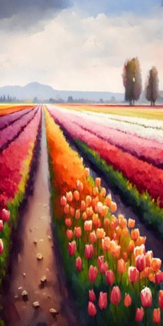 Tableau acrylique 50x100cm de champ de tulipes, paysage de campagne imprimé en dessin numérique