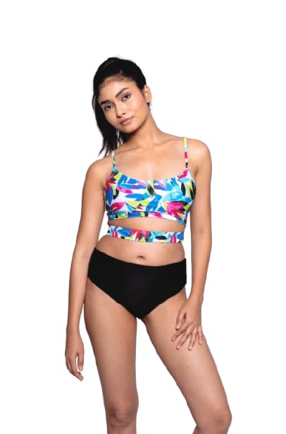 Women's Two-Piece Full Coverage Swimsuit, Small-Large, Multicolor Printed Top with Black Bottom, Polyester & Spandex-image-19