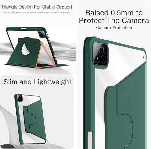 Image of TGK Rotating Case for Xiaomi Mi Pad 7 11.2 inch /Pad 7 Pro with Pencil Holder Trifold Stand Cover Clear Back (Forest Green)