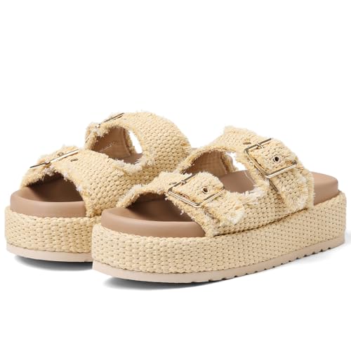 mikarka Raffia-Plateau-Sandalen für Damen 2025: Resort Damen-Sandalen, bequem, Sommer, Strand, Schnallen, Riemen, Espadrilles, flache Slides, Pantoletten, Apricot Bast, 38 EU