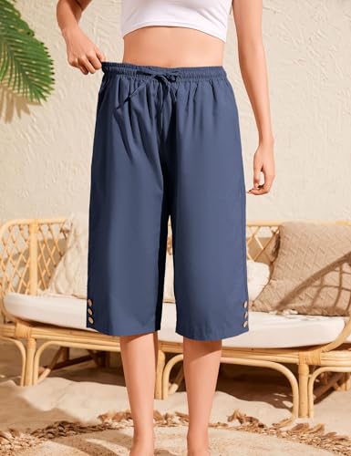 Schine Women Cozy Capris Lightweight High Waist Elastic Drawstring Pants with Pockets Loose Button Trim Cropped Trousers3